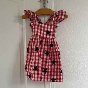 Red and White Checkered Kids Dress with Stars 4th of July